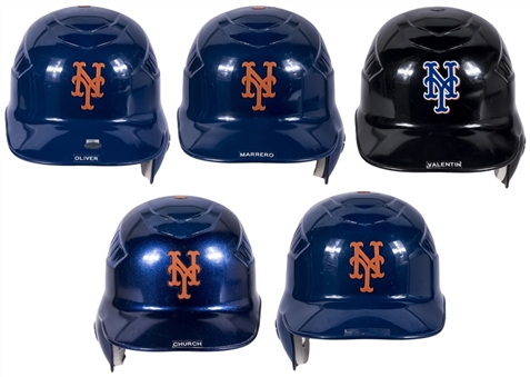 Lot of (5) New York Mets Game Used Batting Helmets: Oliver, Marrero, Valentin, Church & Hernandez (MLB Authenticated & Steiner)